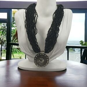 Vintage Tibetan Talisman/Om Medallion w/Black Seed Bead Necklace